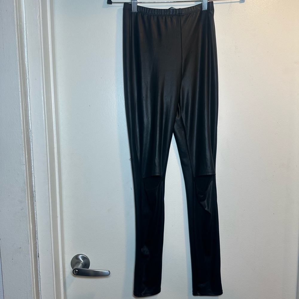 Faux leather leggings with knee slit
